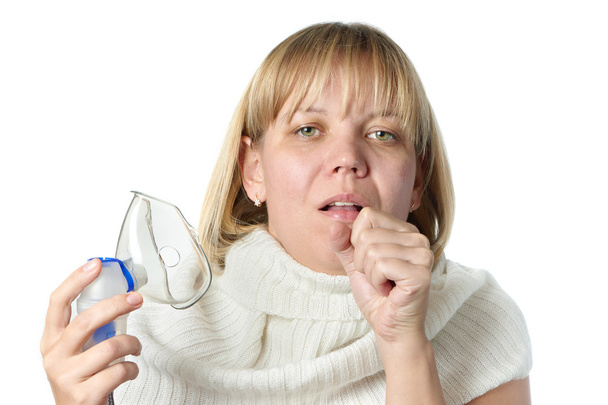 Sick cough woman holding inhaler isolated - Photo, Image