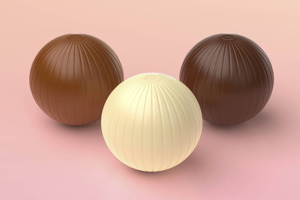 Valkoinen, maito ja tumma suklaa pallot vaaleanpunainen tausta - Valokuva, kuva
