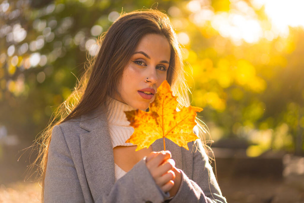 Portrait of a pretty woman enjoying autumn in a park at sunset, with a leaf from the tree - Photo, Image
