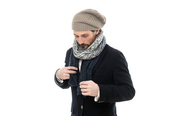 studio shot of guy wearing warm clothes and hat. guy winter fashion with warm clothes. mature guy in winter warm clothes. guy wear winter warm clothes isolated on white background. - Zdjęcie, obraz