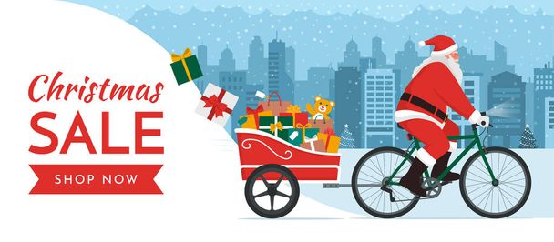 Santa Claus riding a bicycle with trailer and delivering Christmas gifts, Christmas sale concept - Vector, Imagen