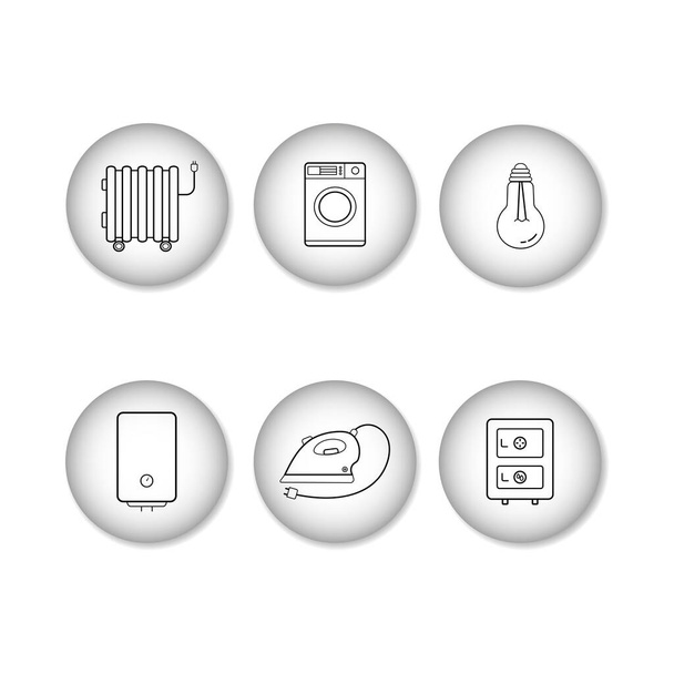 Liniowe ikony urządzeń elektrycznych na okrągłych tłach z efektem 3D. Ikony wektorowe izolowane na białym - Wektor, obraz