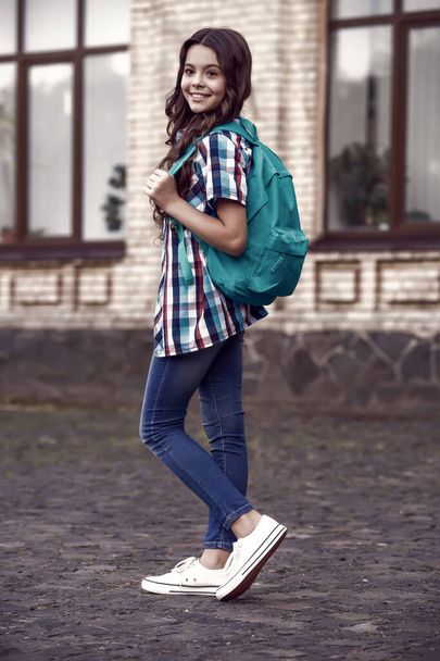 Educational school trip. Little child carry travel bag outdoors. Travel and tourism education. School holidays. Traveling and journey. Discovery and adventure. Summer vacation. - Foto, Imagem