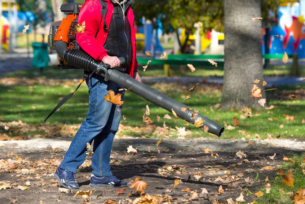 Worker operating heavy duty leaf blower in city park. Removing fallen leaves in autumn. Park cleaning service - Foto, afbeelding