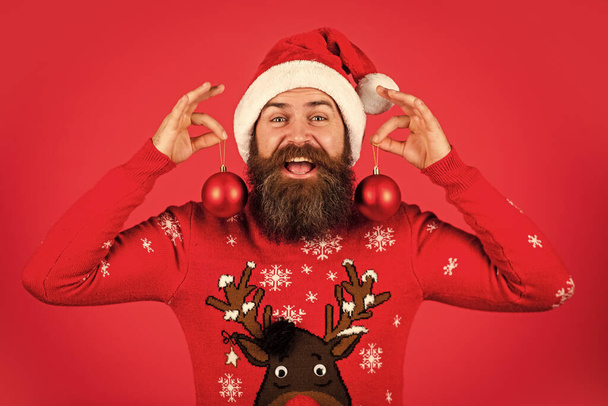Decorate your home. Run xmas party. Organise party. Optimism concept. Better days coming. Winter inspiration. New year party decor. Prepare for holiday. Bearded hipster man hold christmas decoration. - Foto, Imagem