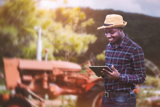 Επιτυχία αφρικανός αγρότης σε καρό πουκάμισο και ψάθινο καπέλο κρατώντας ψηφιακή ταμπλέτα με χαμόγελο και χαρούμενος, ενώ στέκεται κοντά στο φορτηγό, κατά τη συγκομιδή και την παράδοση των φυσικών προϊόντων από βιολογική εκμετάλλευση - Φωτογραφία, εικόνα