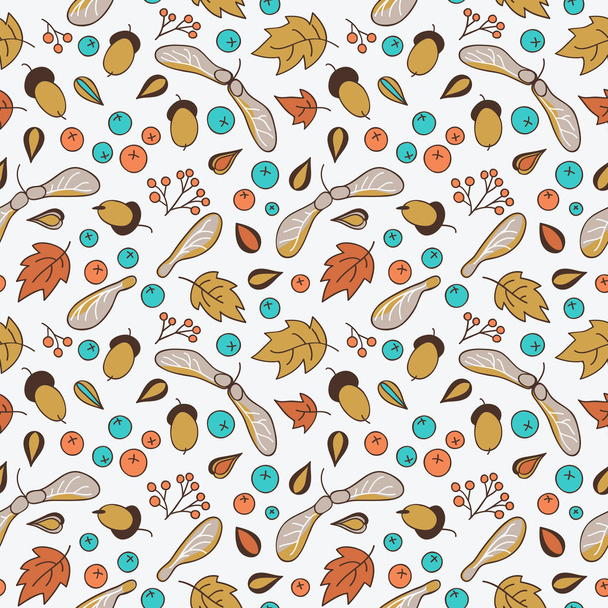 Seamless pattern with autumn leaves, acorns, berries and maple seed pods. - Vector, imagen