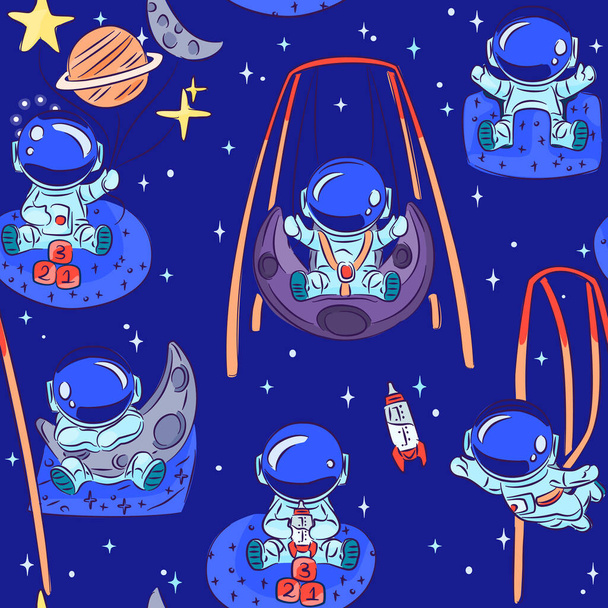 Cute Space cadets. Kid or Baby astronauts playing space themed toys. Seamless pattern. Great for Spring or Summer fabric, scrap-booking, gift-wrap, wallpaper, product design. Surface design. Vector - Vector, Image