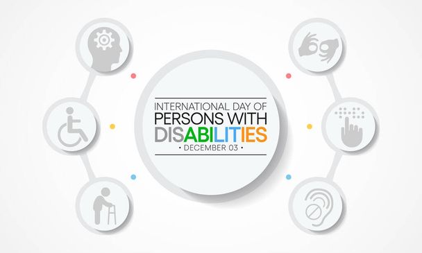 Vammaisten kansainvälinen päivä (IDPD) vietetään joka vuosi 3. joulukuuta. lisätä tietoisuutta vammaisten tilanteesta kaikilla elämänaloilla. Vektoriesimerkki - Vektori, kuva