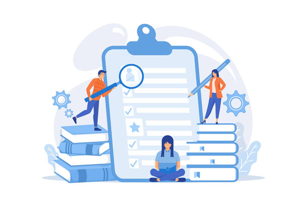 HR managers looking at curriculum vitae of job seeker as a concept of job interview, working experience, recruitment, job application. flat vector modern illustration - Vector, Image