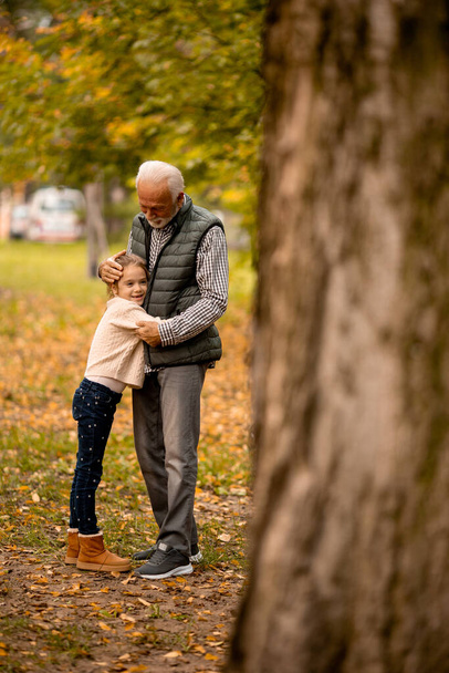 Красивый дедушка проводит время со своей внучкой в парке осенью - Фото, изображение