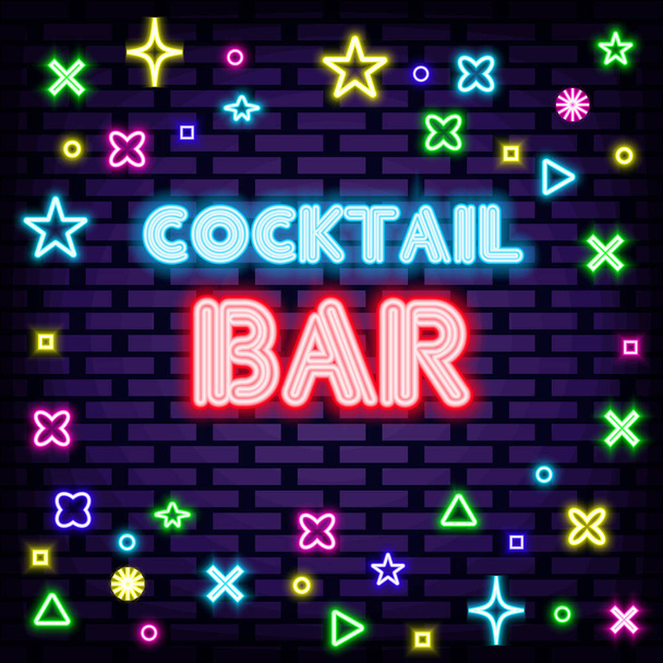 Insegne al neon per cocktail bar. Su sfondo muro di mattoni. Bandiera leggera. Isolato su sfondo nero. Illustrazione vettoriale - Vettoriali, immagini