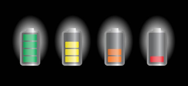 Batteries logo. Cartoon battery charging. Charge indicator. Charge level, loading point. Level energy powerfully. Power, empty, full, low, up status.  - Vector, Image