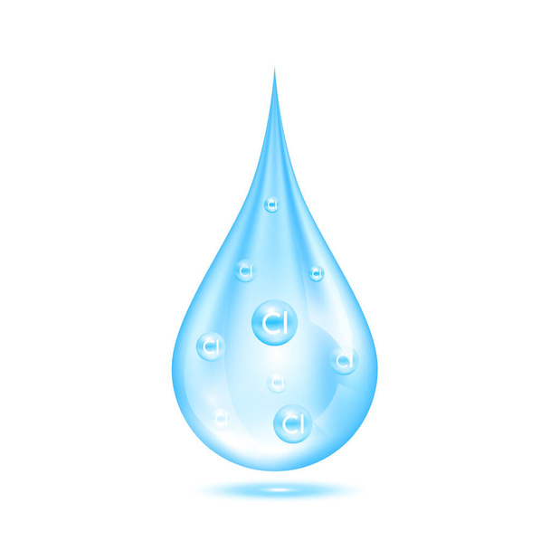 Kloori sisällä vesipisara desinfiointi puhdasta vettä puhdistava. Vesi ikoni eristetty valkoisella pohjalla. Mikrobiologisen tutkimuksen ja analyysin käsite. 3D-vektorikuvitus. - Vektori, kuva