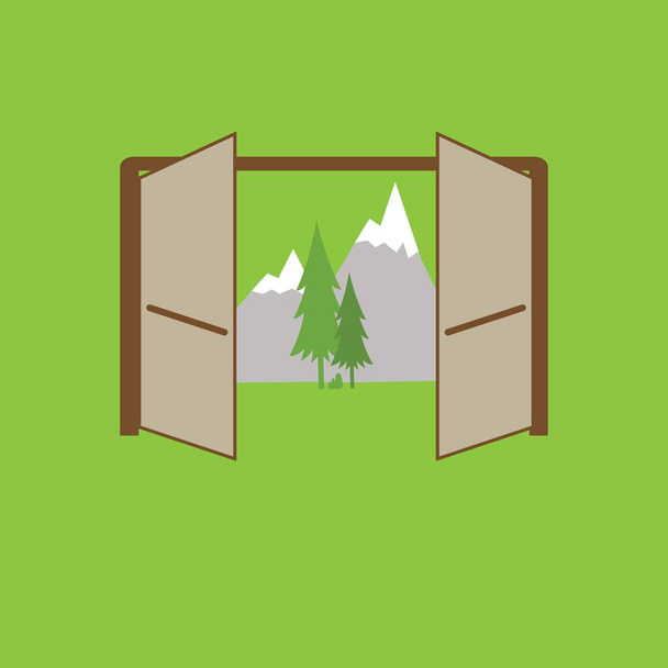 Open doors to a mountain landscape - Vector, Image
