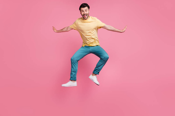 Full length photo of joyful nice man celebrate achievement suacces win victory isolated on pink color background. - Fotografie, Obrázek