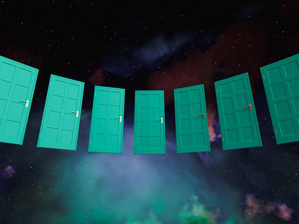 Арочный ряд зеленых дверей, плавающих на фоне пространства туманности галактики - 3D рендеринг - Фото, изображение