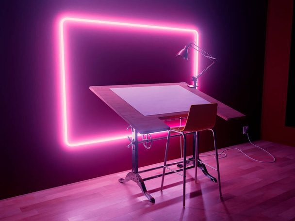 A vintage draftsmans desk workstation in the dark framed by an illuminated pink neon light - 3D render - Photo, Image