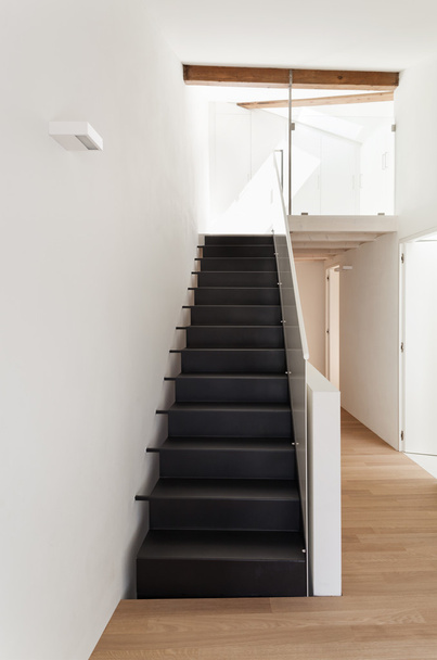 Empty corridor, modern black staircase - Fotoğraf, Görsel