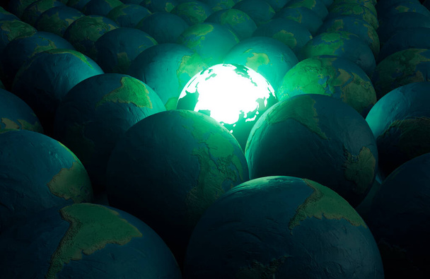 An illuminated neon florescent earth globe amongst a collection of dull earth globes made of rough clay- 3D render - Photo, Image