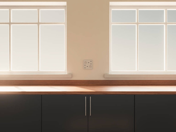 Una vista da vicino di un piano cucina in legno vuoto di fronte a due finestre che guardano verso l'esterno durante il giorno - rendering 3D - Foto, immagini
