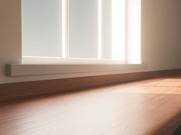 Uma vista de perto de uma bancada de cozinha de madeira vazia de frente para uma janela sinled olhando para fora durante o dia - renderização 3D - Foto, Imagem