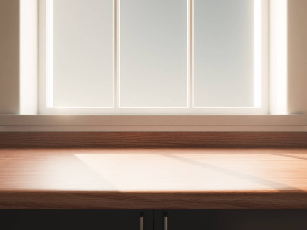 Uma vista de perto de uma bancada de cozinha de madeira vazia de frente para uma janela sinled olhando para fora durante o dia - renderização 3D - Foto, Imagem