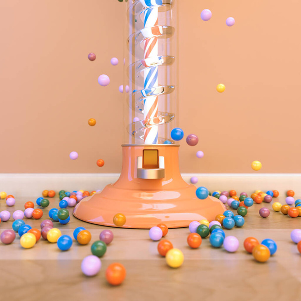 Una máquina dispensadora de gomitas vintage de melocotón que escupe bolas de goma multicolores por todo el interior de una habitación de color melocotón - 3D render - Foto, imagen