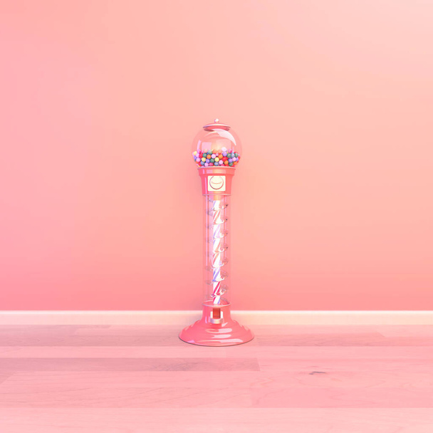 Una máquina dispensadora de gomitas vintage rosa llena de bolas de goma multicolores en el interior de una habitación de color melocotón - 3D render - Foto, imagen