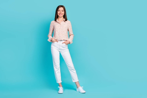 Full length photo of nice satisfied lady buy new outfit enjoy trendy comfort clothes empty space isolated on aquamarine color background. - Fotoğraf, Görsel