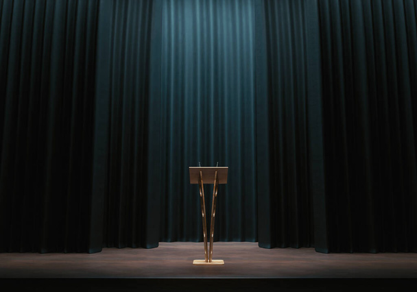 Um pódio de discurso de madeira com pequenos microfones em um fundo de palco escuro cortado - renderização 3D - Foto, Imagem