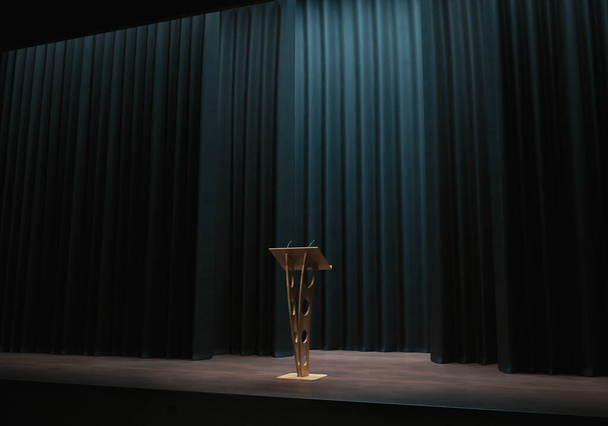 Um pódio de discurso de madeira com pequenos microfones em um fundo de palco escuro cortado - renderização 3D - Foto, Imagem