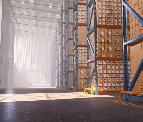 Interior de un almacén logístico moderno vacío con estanterías embaladas durante el día - 3D render - Foto, imagen
