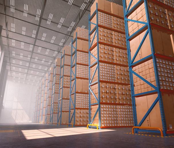 Interior de un almacén logístico moderno vacío con estanterías embaladas durante el día - 3D render - Foto, imagen