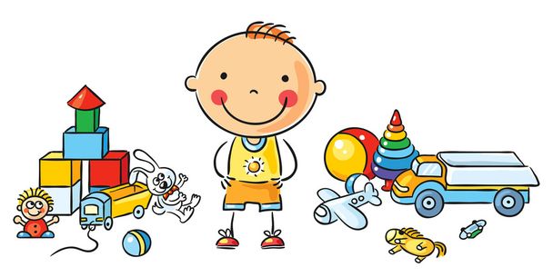 Cartoon jongetje met speelgoed - Vector, afbeelding