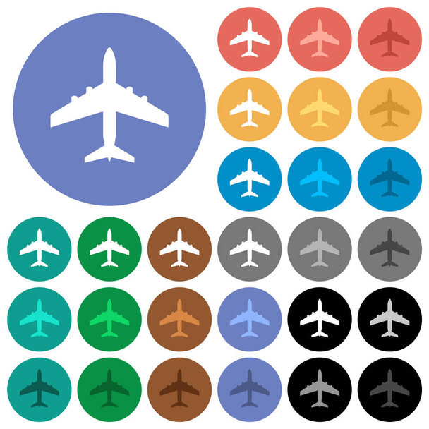 乗客の航空機は丸い背景に複数の色のフラットアイコン。ホバーやアクティブステータス効果のホワイト、ライト、ダークアイコンバリエーション、ボーナスシェードが含まれます。. - ベクター画像