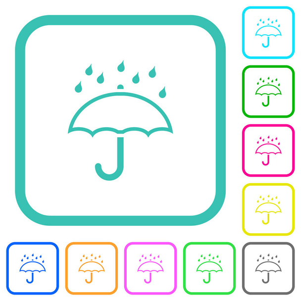 Paraguas con contorno de lluvia iconos planos de colores vivos en bordes curvos sobre fondo blanco - Vector, imagen