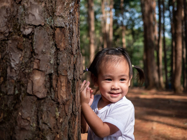 Ázsiai kislány játszik a fenyőerdőben boldogan - Fotó, kép