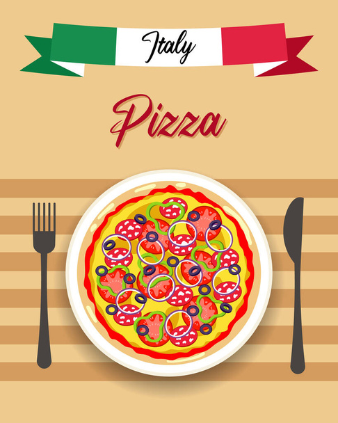 Colorful pizza, fork, knife and Italian flag ribbon. Postcard, retro poster, vector - Vektori, kuva
