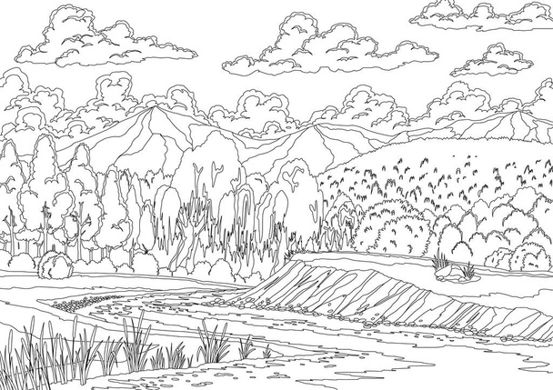 Krajina s řekou protékající kopci, malebnými poli, lesy a horami. Krásná scéna s nábřežím řeky, stromy a mraky. Zbarvení stylu ilustrace. - Vektor, obrázek