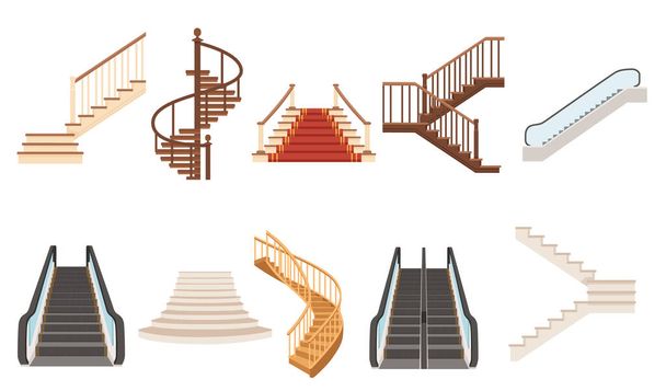 Набір дерев'яних сходів з сучасним ескалатором будівництва в приміщенні класичний дизайн Векторні ілюстрації ізольовані на білому тлі
. - Вектор, зображення