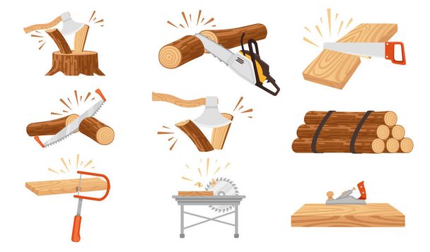 Set of woodworking chopping sawing wooden log on stump with axe and saw vector illustration isolated on white background. - Vector, Image