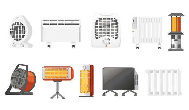 Набор бытовых портативных воздухонагревателей с векторной иллюстрацией вентилятора и керамического нагревателя на белом фоне. - Вектор,изображение