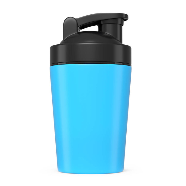 Blue plastic sport shaker for protein drink isolated on white background. 3D render of sport food cocktail container - Φωτογραφία, εικόνα