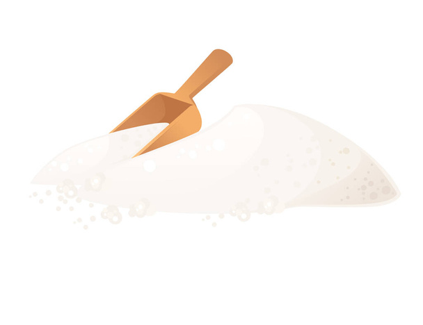 Zucchero semolato bianco naturale con illustrazione vettore cucchiaio isolato su sfondo bianco. - Vettoriali, immagini