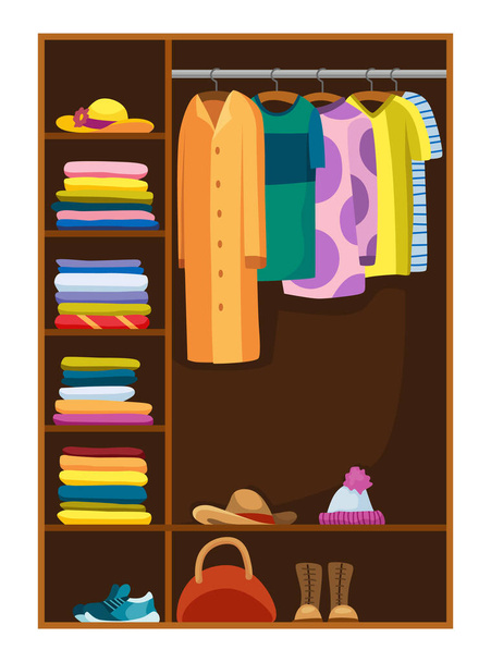 Clothes wardrobe room full of woman clothes. Furniture with shelves for accessories. Boutique interior design concept. Flat style vector illustration. - ベクター画像