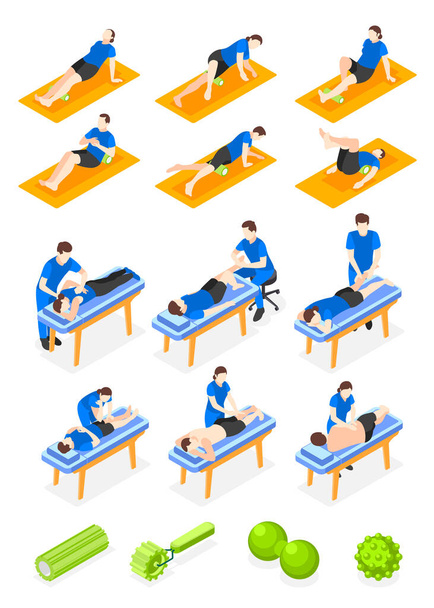 Ícones isométricos de liberação miofascial com rolos de massagem e terapeutas profissionais ilustração vetorial isolada - Vetor, Imagem