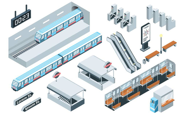 Ізометричні іконки метро, встановлені з підземними поїздами та станціями пасажирських перевезень, ізольовані Векторні ілюстрації
 - Вектор, зображення