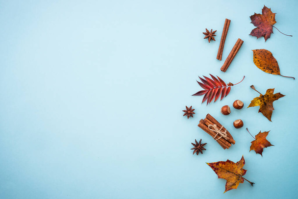 Autumn flat lay background. Creative composition with fall leaves, spices and nuts on blue. - Photo, Image