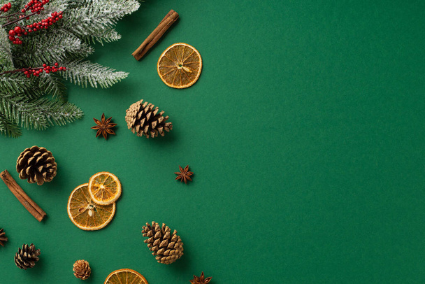 Christmas decorations concept. Top view photo of dried orange slices anise cinnamon sticks pine cones mistletoe berries and spruce branches in hoarfrost on isolated green background with blank space - Photo, Image